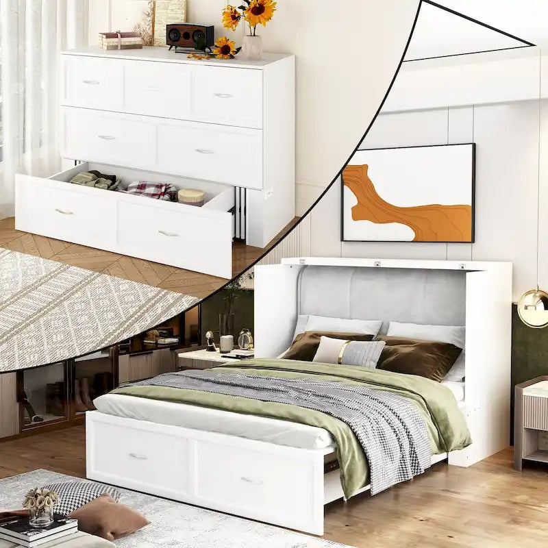 Lit armoire convertible avec 2 tiroirs – Blanc, Grand Lit, Couchage 2 personnes