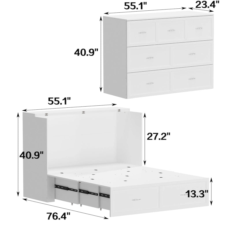 Lit armoire convertible avec 2 tiroirs – Blanc, Grand Lit, Couchage 2 personnes
