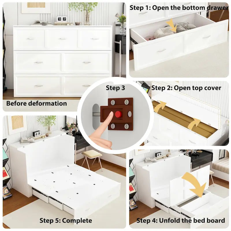 Lit armoire convertible avec 2 tiroirs – Blanc, Grand Lit, Couchage 2 personnes