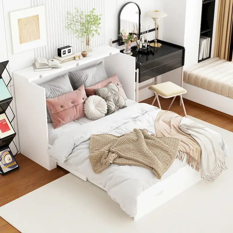 Lit armoire convertible avec 2 tiroirs – Blanc, Grand Lit, Couchage 2 personnes