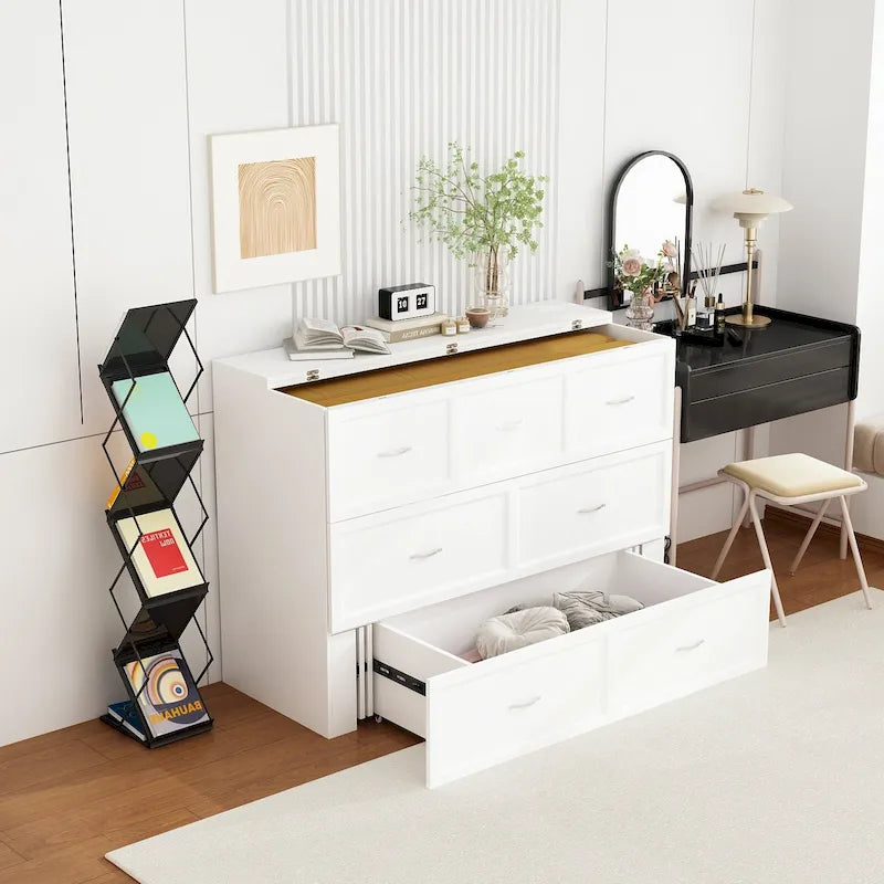 Lit armoire convertible avec 2 tiroirs – Blanc, Grand Lit, Couchage 2 personnes