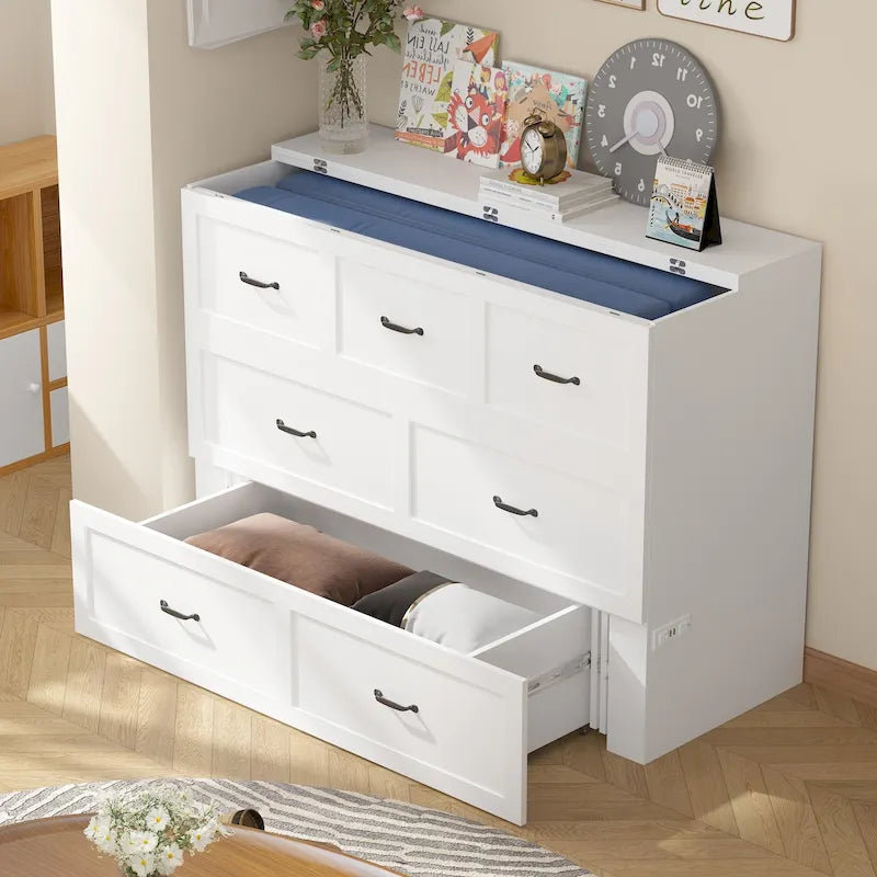 Lit armoire convertible avec 2 tiroirs – Blanc, Grand Lit, Couchage 2 personnes