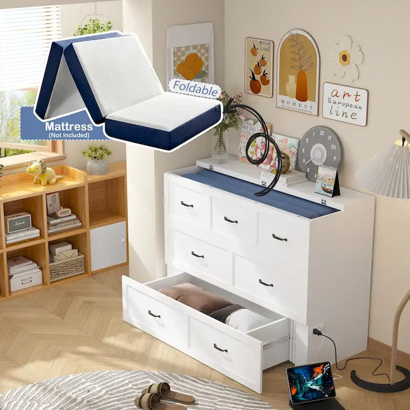 Lit armoire convertible avec 2 tiroirs – Blanc, Grand Lit, Couchage 2 personnes