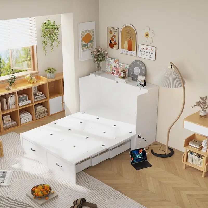 Lit armoire convertible avec 2 tiroirs – Blanc, Grand Lit, Couchage 2 personnes