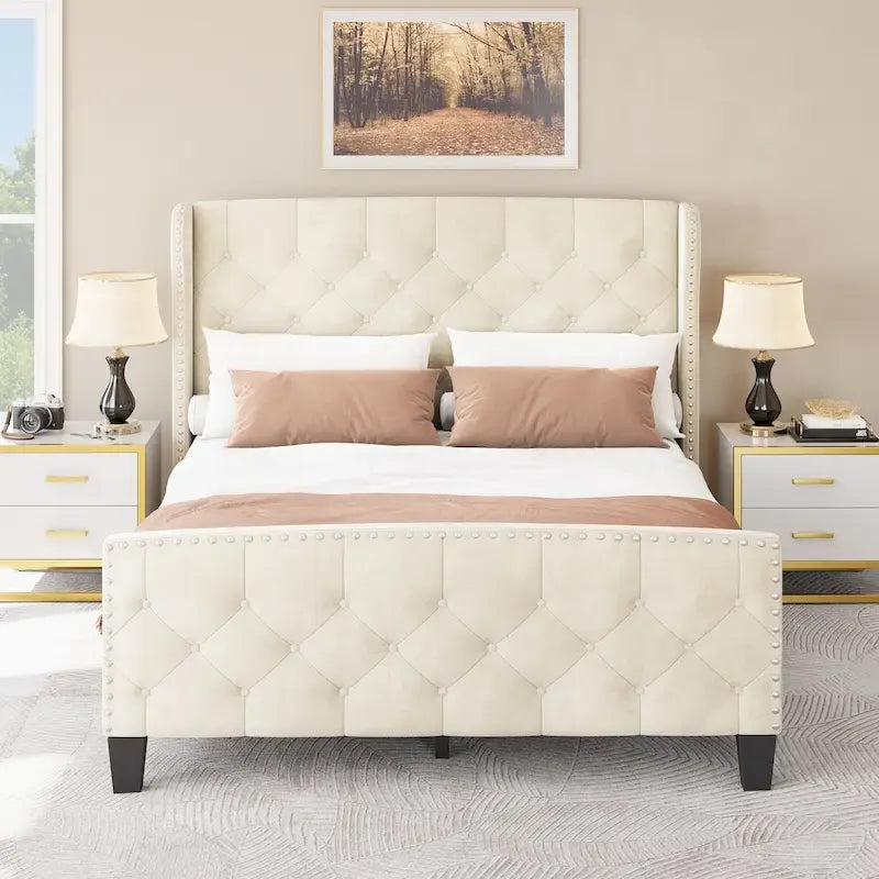 Cadre de lit plateforme capitonné en velours – Beige, pied de lit boutonné, Queen, 2 couchages