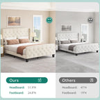 Cadre de lit plateforme capitonné en velours – Beige, pied de lit boutonné, Queen, 2 couchages