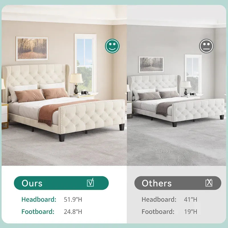 Cadre de lit plateforme capitonné en velours – Beige, pied de lit boutonné, Queen, 2 couchages