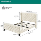 Cadre de lit plateforme capitonné en velours – Beige, pied de lit boutonné, Queen, 2 couchages