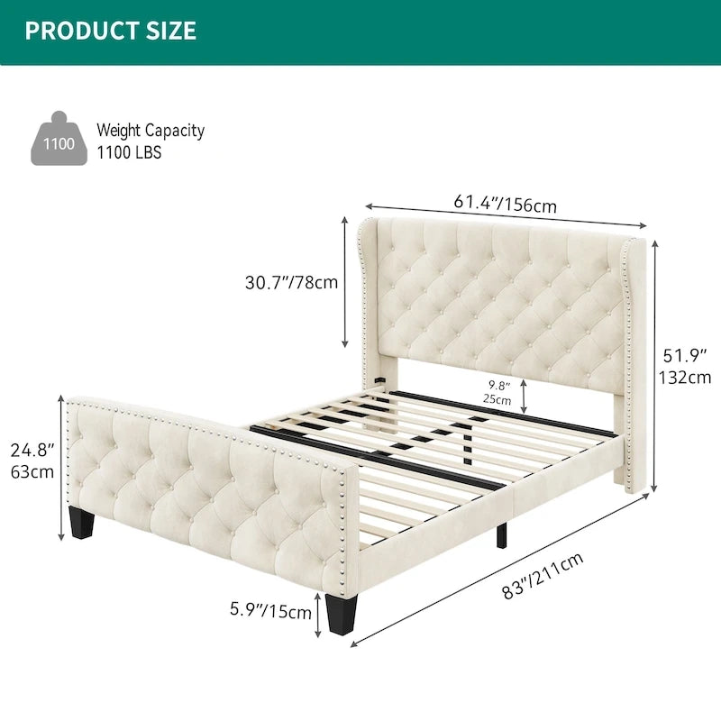 Cadre de lit plateforme capitonné en velours – Beige, pied de lit boutonné, Queen, 2 couchages