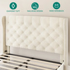 Cadre de lit plateforme capitonné en velours – Beige, pied de lit boutonné, Queen, 2 couchages