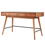 Bureau d'écriture moderne du milieu du siècle à 3 tiroirs avec pieds coniques – Marron / Noyer foncé, poignées en bronze, 1 personne