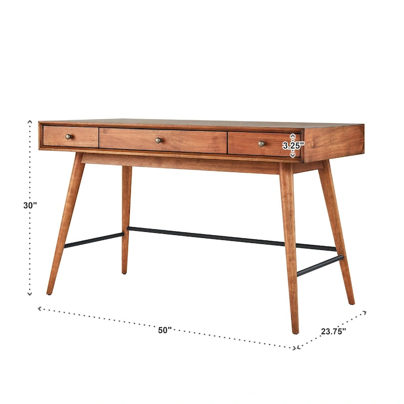 Bureau d'écriture moderne du milieu du siècle à 3 tiroirs avec pieds coniques – Marron / Noyer foncé, poignées en bronze, 1 personne