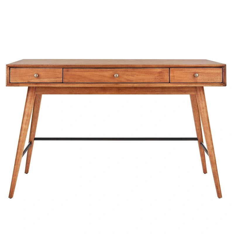 Bureau d'écriture moderne du milieu du siècle à 3 tiroirs avec pieds coniques – Marron / Noyer foncé, poignées en bronze, 1 personne