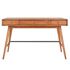 Bureau d'écriture moderne du milieu du siècle à 3 tiroirs avec pieds coniques – Marron / Noyer foncé, poignées en bronze, 1 personne