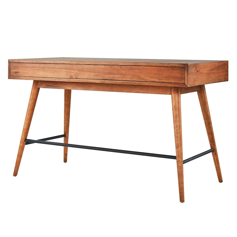 Bureau d'écriture moderne du milieu du siècle à 3 tiroirs avec pieds coniques – Marron / Noyer foncé, poignées en bronze, 1 personne