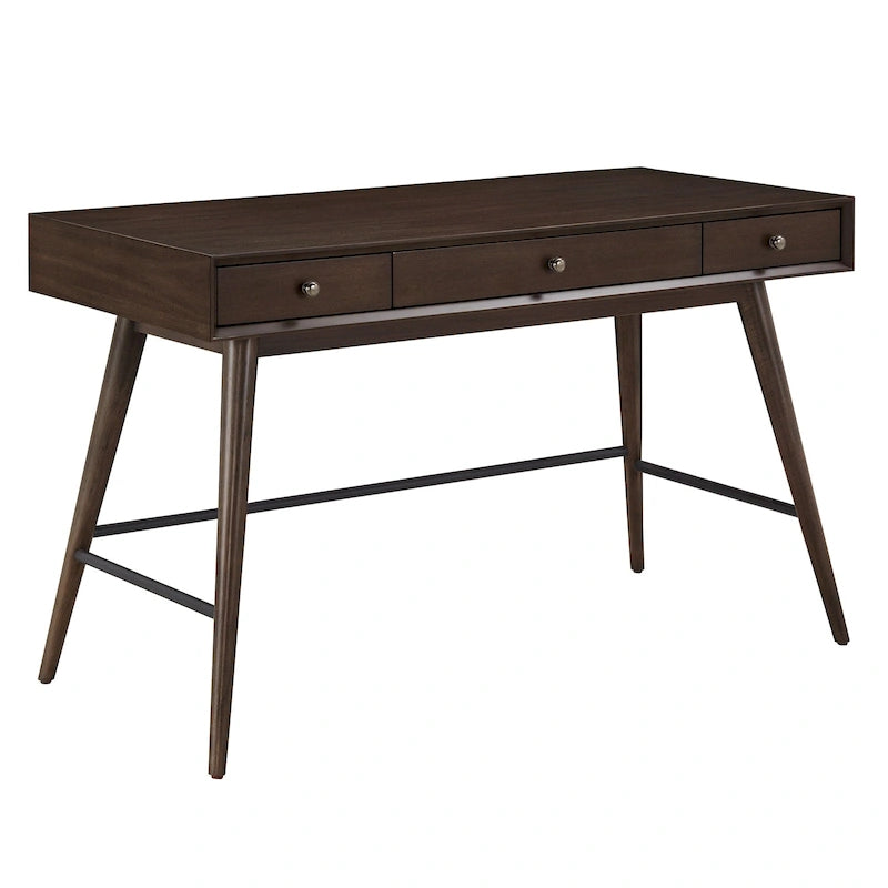 Bureau d'écriture moderne du milieu du siècle à 3 tiroirs avec pieds coniques – Marron / Noyer foncé, poignées en bronze, 1 personne