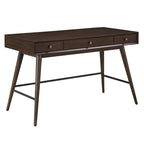 Bureau d'écriture moderne du milieu du siècle à 3 tiroirs avec pieds coniques – Marron / Noyer foncé, poignées en bronze, 1 personne