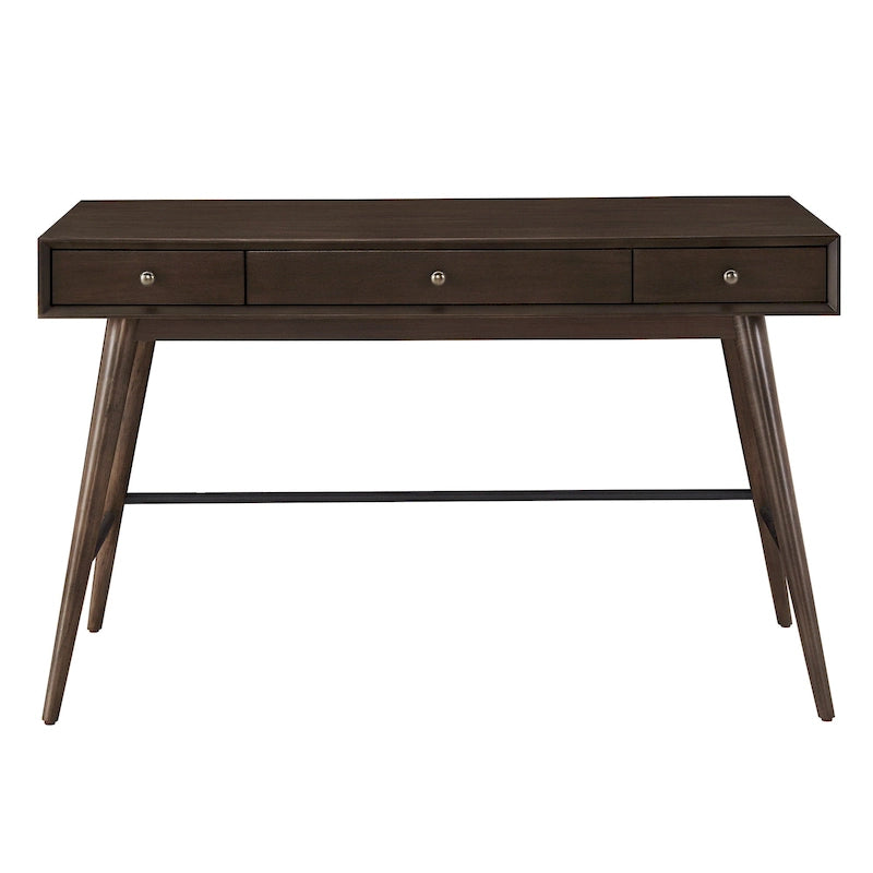 Bureau d'écriture moderne du milieu du siècle à 3 tiroirs avec pieds coniques – Marron / Noyer foncé, poignées en bronze, 1 personne