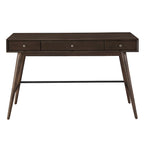 Bureau d'écriture moderne du milieu du siècle à 3 tiroirs avec pieds coniques – Marron / Noyer foncé, poignées en bronze, 1 personne