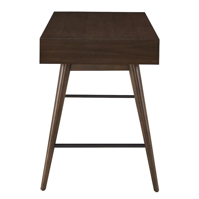Bureau d'écriture moderne du milieu du siècle à 3 tiroirs avec pieds coniques – Marron / Noyer foncé, poignées en bronze, 1 personne