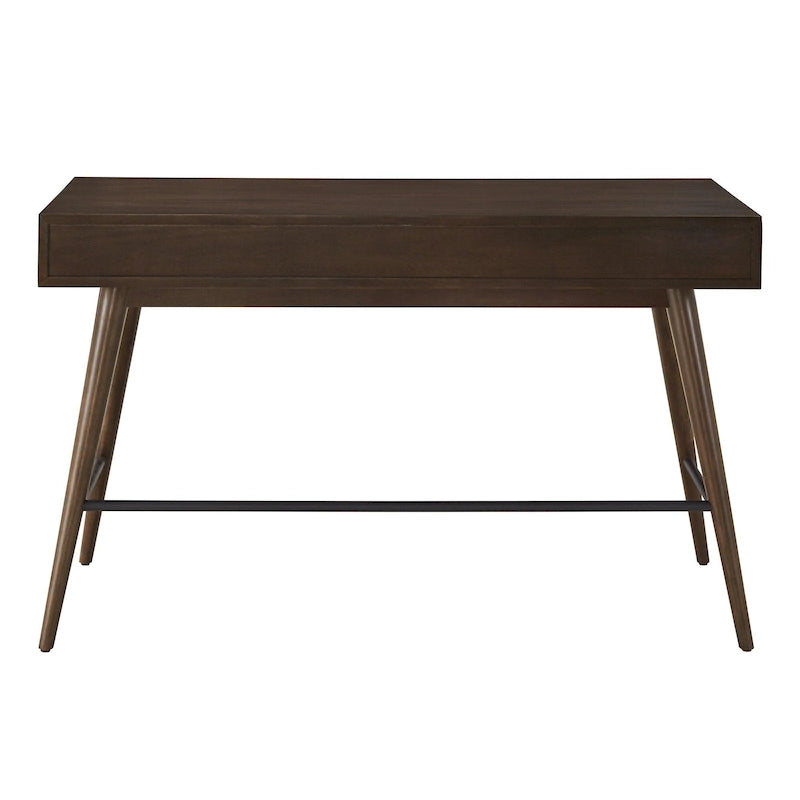 Bureau d'écriture moderne du milieu du siècle à 3 tiroirs avec pieds coniques – Marron / Noyer foncé, poignées en bronze, 1 personne