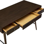Bureau d'écriture moderne du milieu du siècle à 3 tiroirs avec pieds coniques – Marron / Noyer foncé, poignées en bronze, 1 personne