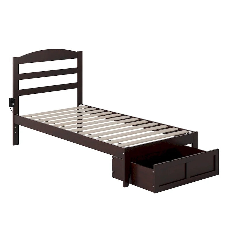 Lit plateforme avec tiroir de pied de lit et station de recharge – Blanc / Noyer / Gris / Espresso, De simple à grand (Queen), 1 à 2 couchages