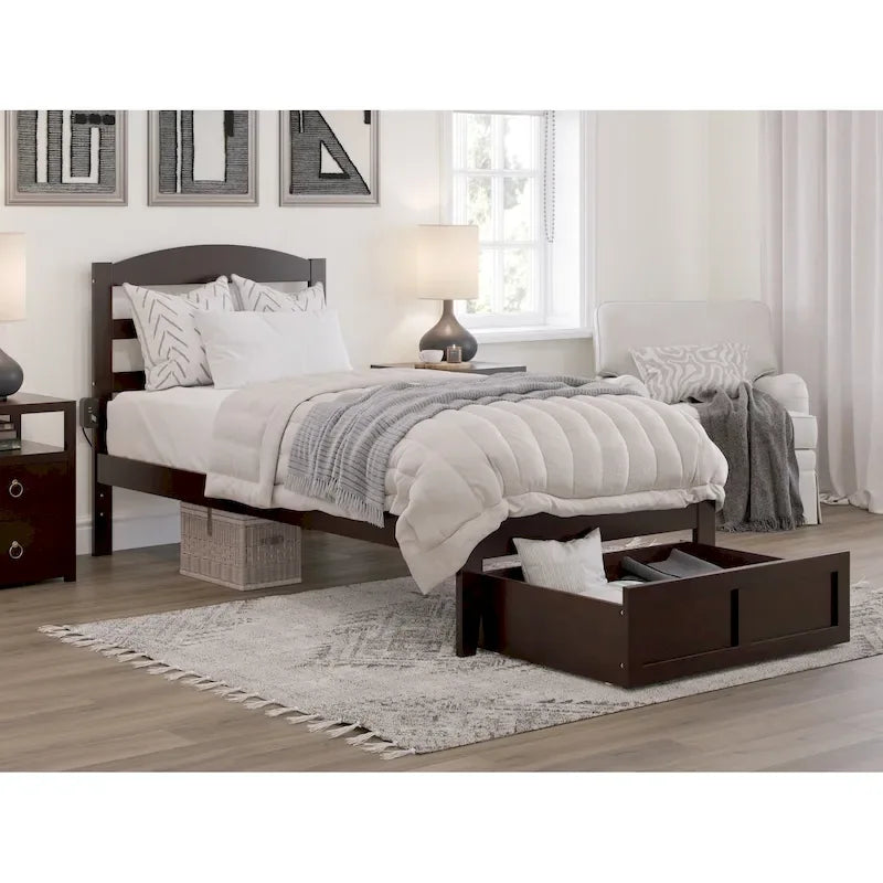 Lit plateforme avec tiroir de pied de lit et station de recharge – Blanc / Noyer / Gris / Espresso, De simple à grand (Queen), 1 à 2 couchages