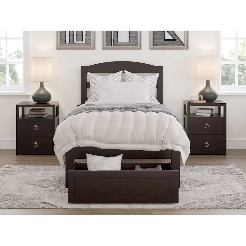 Lit plateforme avec tiroir de pied de lit et station de recharge – Blanc / Noyer / Gris / Espresso, De simple à grand (Queen), 1 à 2 couchages