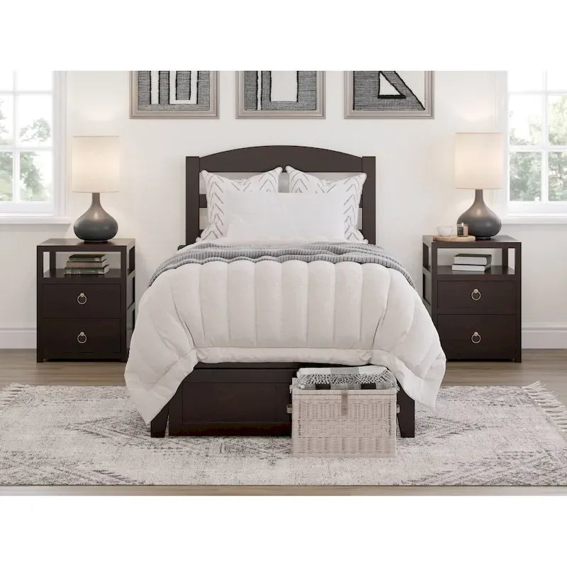 Lit plateforme avec tiroir de pied de lit et station de recharge – Blanc / Noyer / Gris / Espresso, De simple à grand (Queen), 1 à 2 couchages