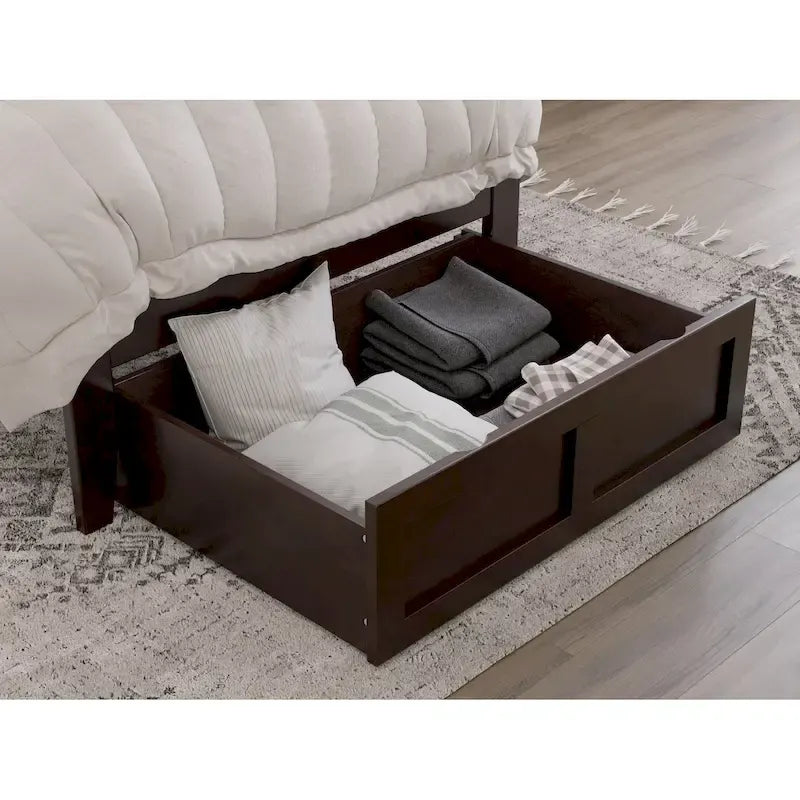 Lit plateforme avec tiroir de pied de lit et station de recharge – Blanc / Noyer / Gris / Espresso, De simple à grand (Queen), 1 à 2 couchages