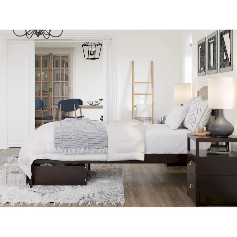 Lit plateforme avec tiroir de pied de lit et station de recharge – Blanc / Noyer / Gris / Espresso, De simple à grand (Queen), 1 à 2 couchages