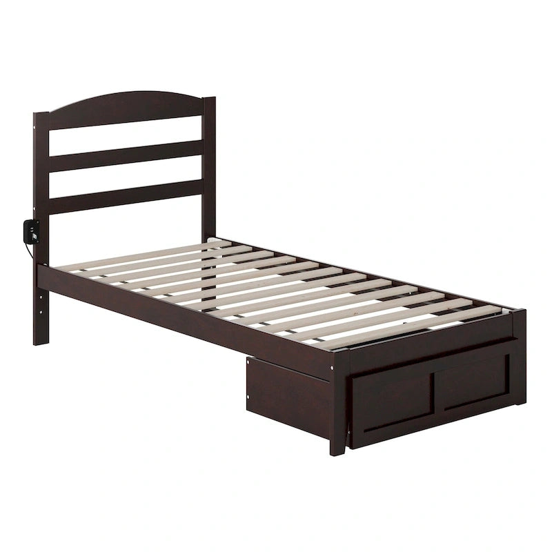 Lit plateforme avec tiroir de pied de lit et station de recharge – Blanc / Noyer / Gris / Espresso, De simple à grand (Queen), 1 à 2 couchages