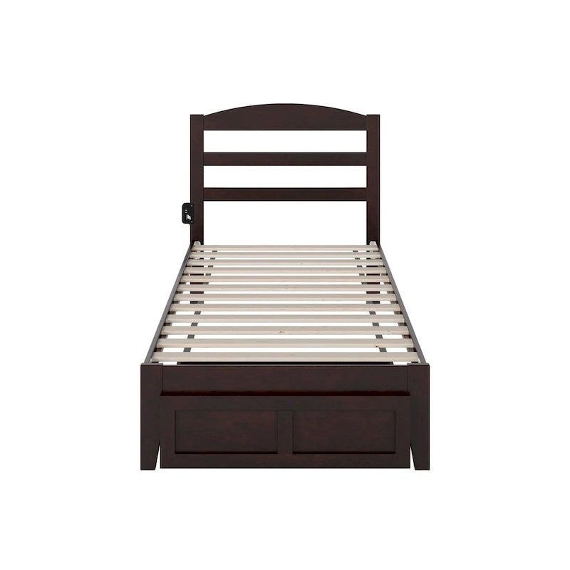 Lit plateforme avec tiroir de pied de lit et station de recharge – Blanc / Noyer / Gris / Espresso, De simple à grand (Queen), 1 à 2 couchages