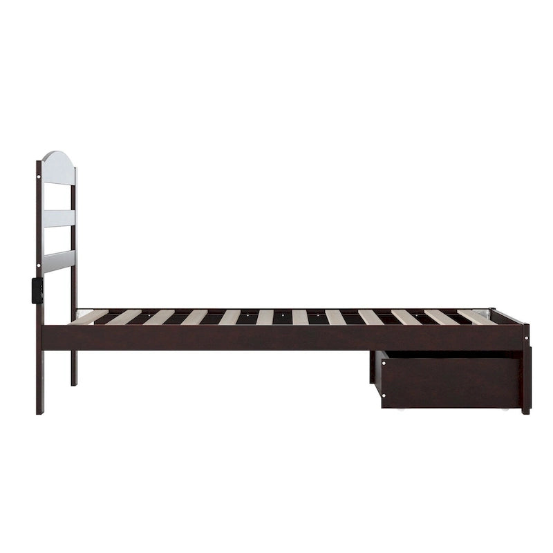Lit plateforme avec tiroir de pied de lit et station de recharge – Blanc / Noyer / Gris / Espresso, De simple à grand (Queen), 1 à 2 couchages