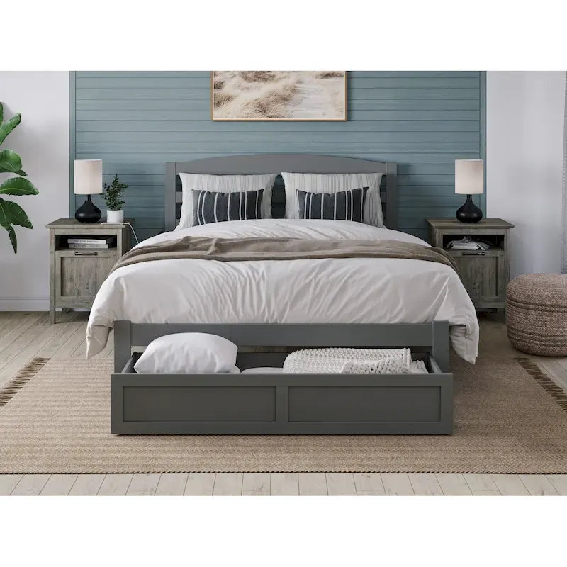 Lit plateforme avec tiroir de pied de lit et station de recharge – Blanc / Noyer / Gris / Espresso, De simple à grand (Queen), 1 à 2 couchages
