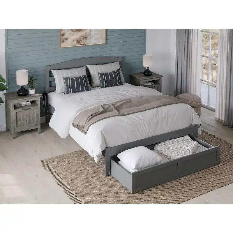 Lit plateforme avec tiroir de pied de lit et station de recharge – Blanc / Noyer / Gris / Espresso, De simple à grand (Queen), 1 à 2 couchages