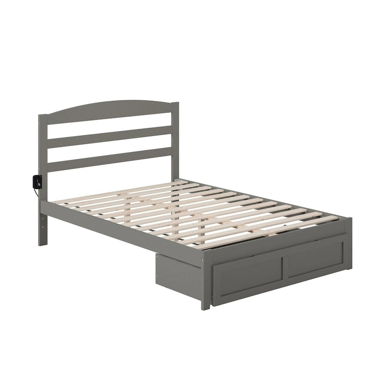 Lit plateforme avec tiroir de pied de lit et station de recharge – Blanc / Noyer / Gris / Espresso, De simple à grand (Queen), 1 à 2 couchages