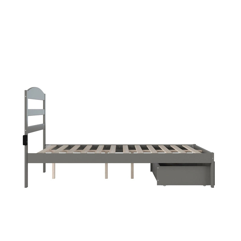 Lit plateforme avec tiroir de pied de lit et station de recharge – Blanc / Noyer / Gris / Espresso, De simple à grand (Queen), 1 à 2 couchages