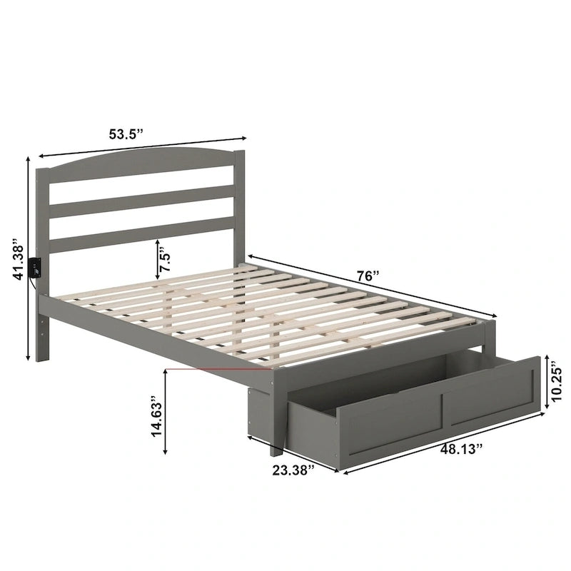 Lit plateforme avec tiroir de pied de lit et station de recharge – Blanc / Noyer / Gris / Espresso, De simple à grand (Queen), 1 à 2 couchages