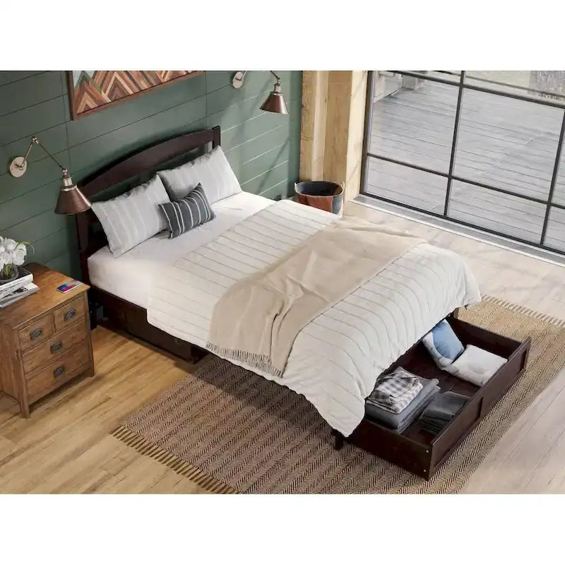 Lit plateforme avec tiroir de pied de lit et station de recharge – Blanc / Noyer / Gris / Espresso, De simple à grand (Queen), 1 à 2 couchages