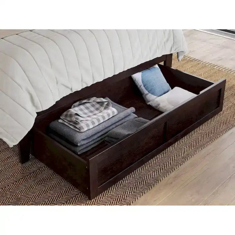 Lit plateforme avec tiroir de pied de lit et station de recharge – Blanc / Noyer / Gris / Espresso, De simple à grand (Queen), 1 à 2 couchages
