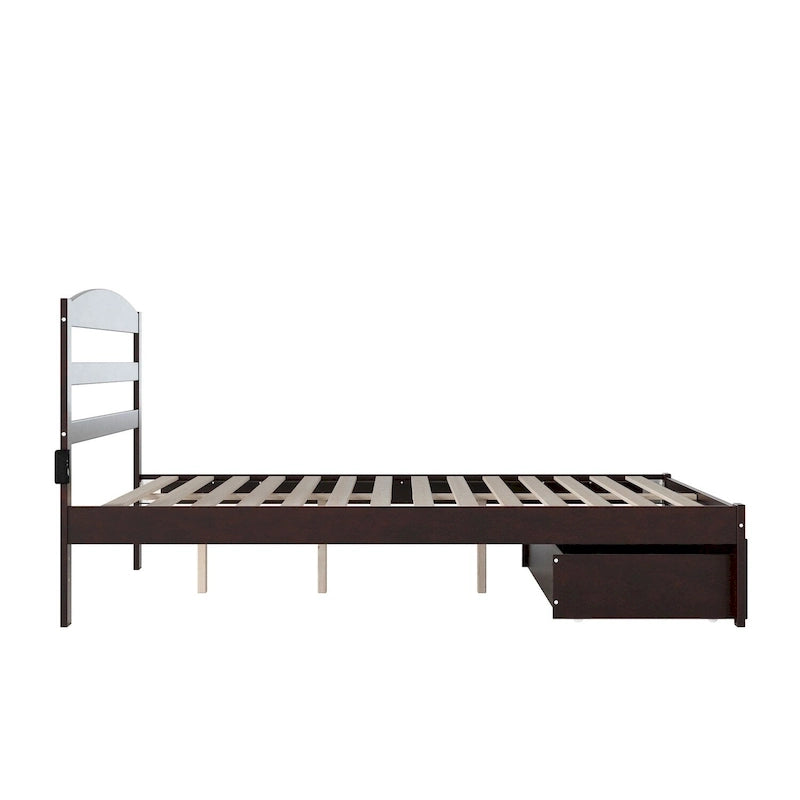 Lit plateforme avec tiroir de pied de lit et station de recharge – Blanc / Noyer / Gris / Espresso, De simple à grand (Queen), 1 à 2 couchages