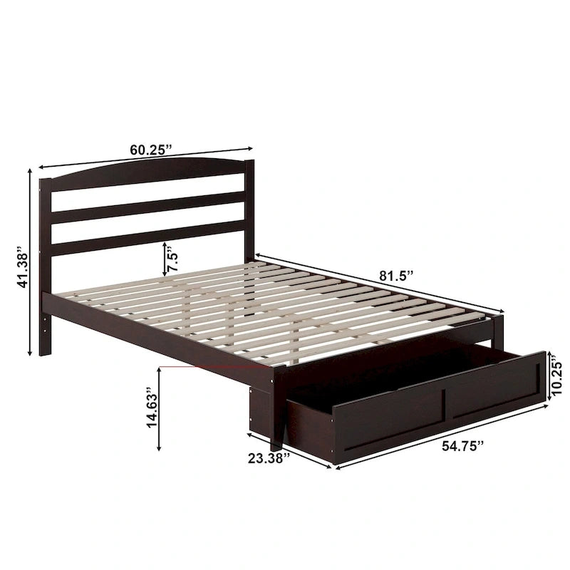 Lit plateforme avec tiroir de pied de lit et station de recharge – Blanc / Noyer / Gris / Espresso, De simple à grand (Queen), 1 à 2 couchages