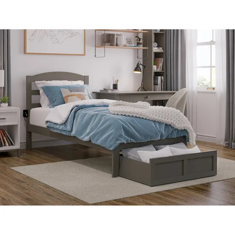 Lit plateforme avec tiroir de pied de lit et station de recharge – Blanc / Noyer / Gris / Espresso, De simple à grand (Queen), 1 à 2 couchages