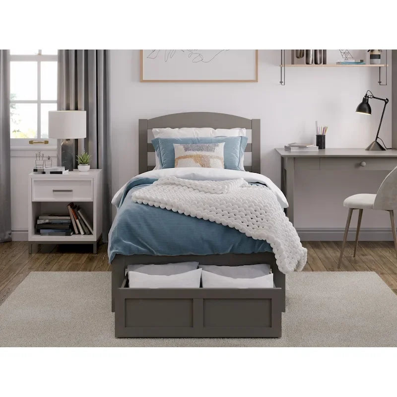 Lit plateforme avec tiroir de pied de lit et station de recharge – Blanc / Noyer / Gris / Espresso, De simple à grand (Queen), 1 à 2 couchages