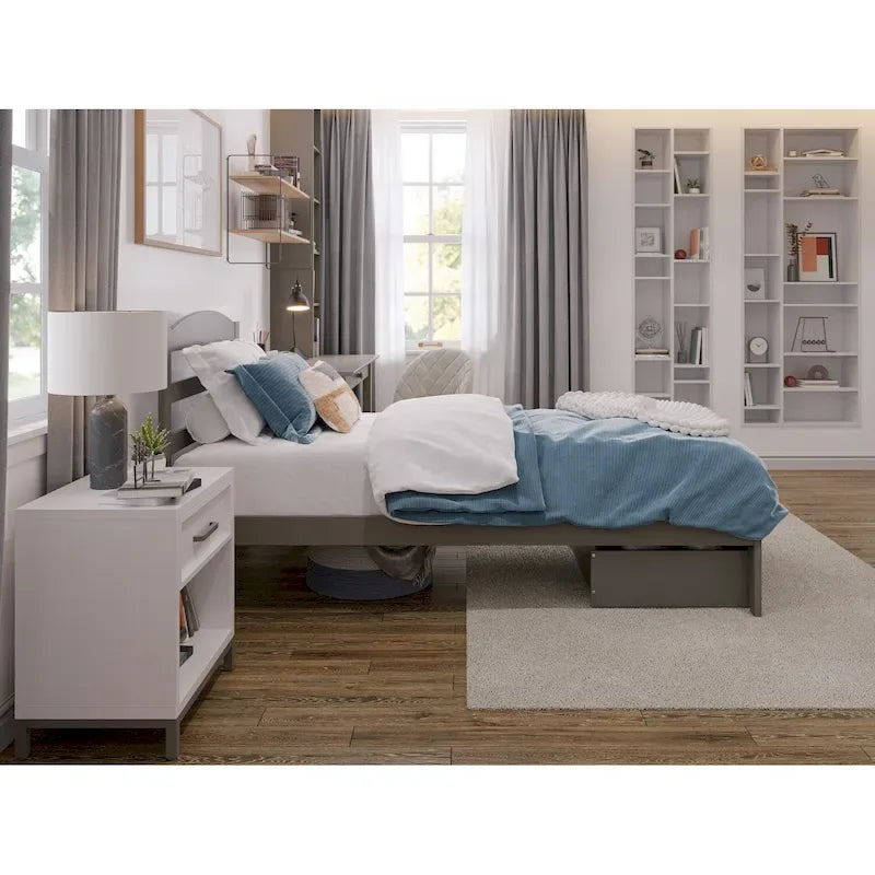 Lit plateforme avec tiroir de pied de lit et station de recharge – Blanc / Noyer / Gris / Espresso, De simple à grand (Queen), 1 à 2 couchages