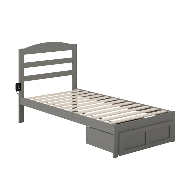Lit plateforme avec tiroir de pied de lit et station de recharge – Blanc / Noyer / Gris / Espresso, De simple à grand (Queen), 1 à 2 couchages
