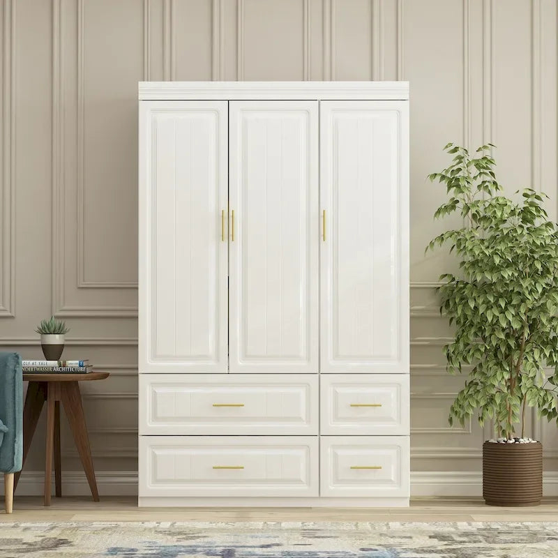 Grande armoire-penderie avec tiroirs et tringle – Blanc, 2 hauteurs, Poignées dorées