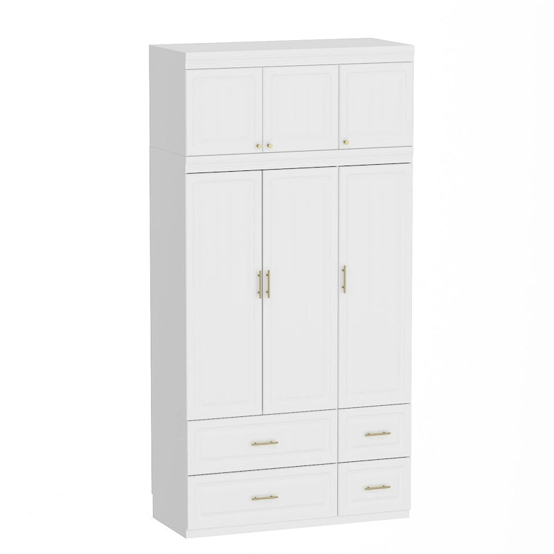 Grande armoire-penderie avec tiroirs et tringle – Blanc, 2 hauteurs, Poignées dorées